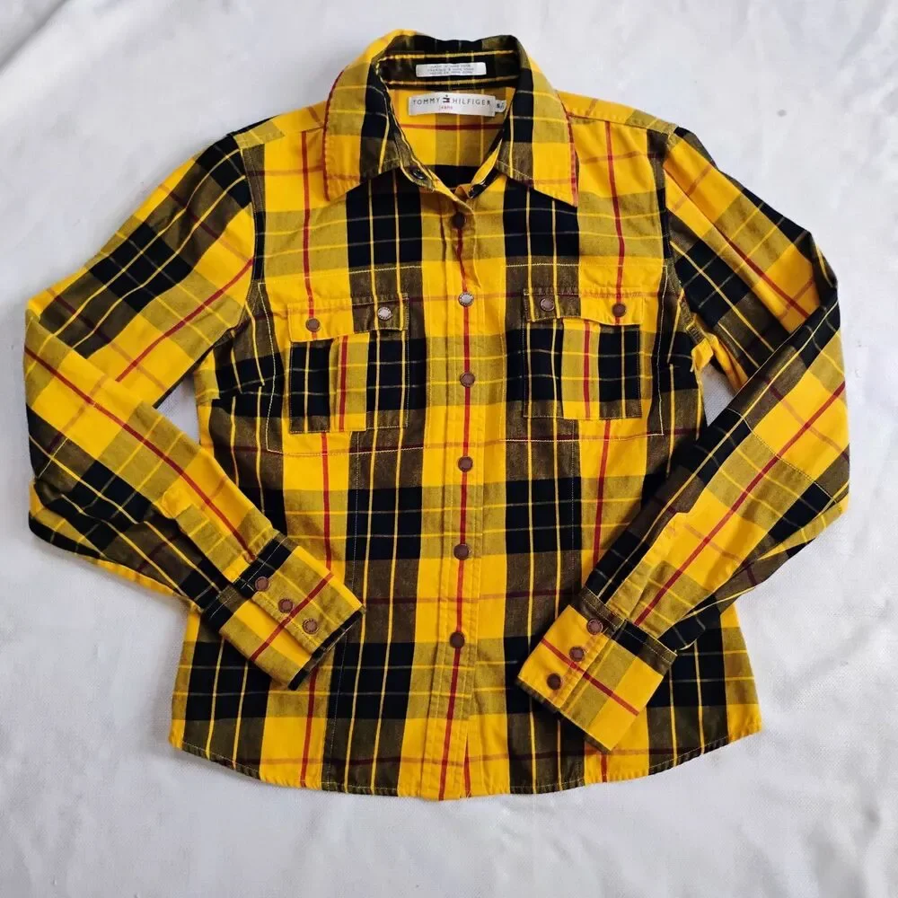 Tommy Hilfiger Y2K Yellow Plaid Flannel Shirt Small Clueless 2002 Snap Vintage - Picture 3 of 16